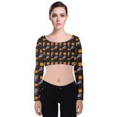 Halloween Skeleton Pumpkin Pattern Brown Velvet Long Sleeve Crop Top by snowwhitegirl