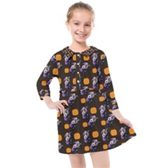 Halloween Skeleton Pumpkin Pattern Brown Kids  Quarter Sleeve Shirt Dress