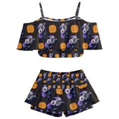 Halloween Skeleton Pumpkin Pattern Brown Kids  Off Shoulder Skirt Bikini