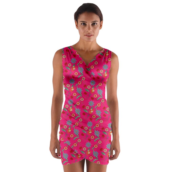 Vintage Floral Pink Wrap Front Bodycon Dress