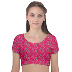 Vintage Floral Pink Velvet Short Sleeve Crop Top 