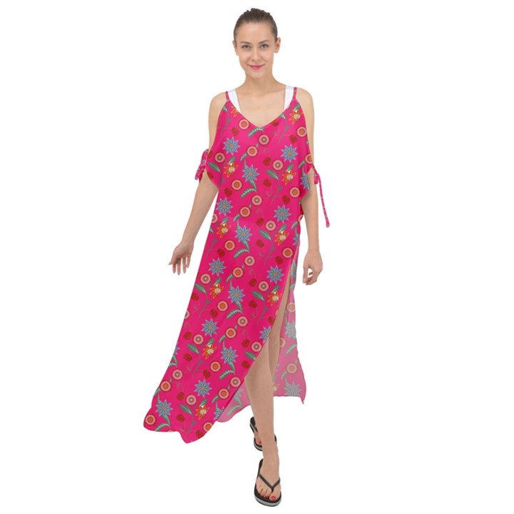 Vintage Floral Pink Maxi Chiffon Cover Up Dress