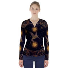 Wonderful Hummingbird With Stars V-neck Long Sleeve Top by FantasyWorld7