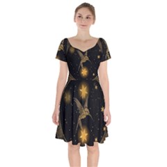 Wonderful Hummingbird With Stars Short Sleeve Bardot Dress