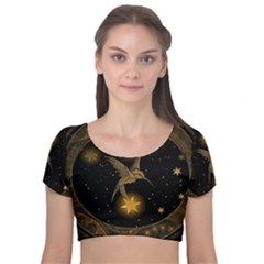 Wonderful Hummingbird With Stars Velvet Short Sleeve Crop Top  by FantasyWorld7