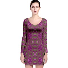 Modern Asian Ornate Pattern Long Sleeve Velvet Bodycon Dress