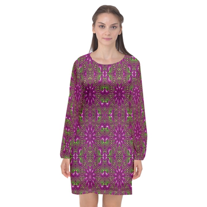 Modern Asian Ornate Pattern Long Sleeve Chiffon Shift Dress 