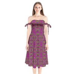 Modern Asian Ornate Pattern Shoulder Tie Bardot Midi Dress by dflcprints