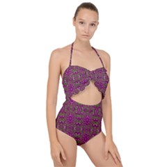 Modern Asian Ornate Pattern Scallop Top Cut Out Swimsuit