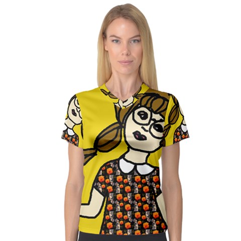 Girl With Popsicle Yellow Background V-neck Sport Mesh Tee by snowwhitegirl