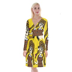 Girl With Popsicle Yellow Background Long Sleeve Velvet Front Wrap Dress by snowwhitegirl