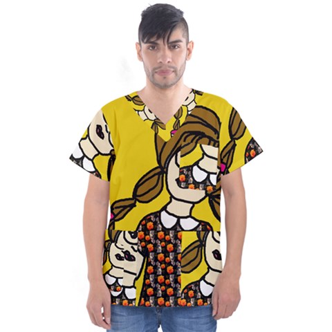 Girl With Popsicle Yellow Background Men s V-neck Scrub Top by snowwhitegirl