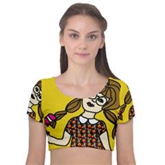 Girl With Popsicle Yellow Background Velvet Short Sleeve Crop Top  by snowwhitegirl