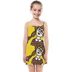 Girl With Popsicle Yellow Background Kids Summer Sun Dress by snowwhitegirl