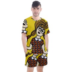 Girl With Popsicle Yellow Background Men s Mesh Tee And Shorts Set