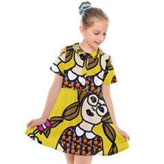 Girl With Popsicle Yellow Background Kids  Short Sleeve Shirt Dress