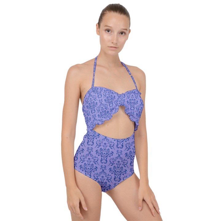 Victorian Blue Ornamental Scallop Top Cut Out Swimsuit