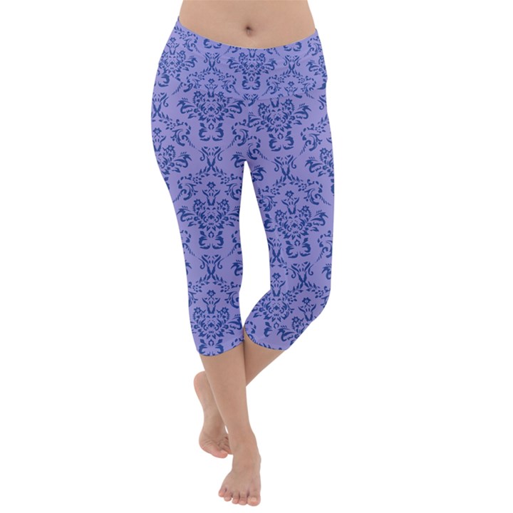 Victorian Blue Ornamental Lightweight Velour Capri Yoga Leggings