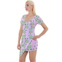 Green Alien Monster Pattern Pink Short Sleeve Asymmetric Mini Dress View1