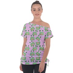 Green Alien Monster Pattern Pink Tie-up Tee