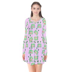 Green Alien Monster Pattern Pink Long Sleeve V-neck Flare Dress by snowwhitegirl