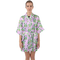 Green Alien Monster Pattern Pink Quarter Sleeve Kimono Robe