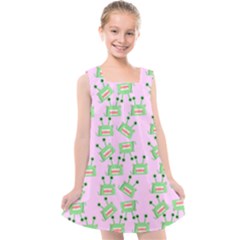 Green Alien Monster Pattern Pink Kids  Cross Back Dress