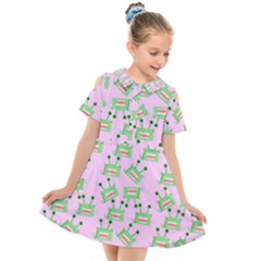 Green Alien Monster Pattern Pink Kids  Short Sleeve Shirt Dress by snowwhitegirl