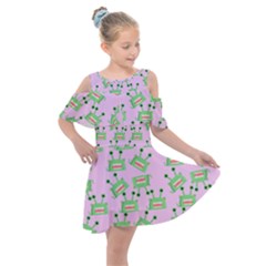 Green Alien Monster Pattern Pink Kids  Shoulder Cutout Chiffon Dress