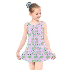 Green Alien Monster Pattern Pink Kids  Skater Dress Swimsuit