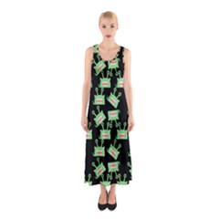 Green Alien Monster Pattern Black Sleeveless Maxi Dress