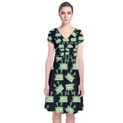 Green Alien Monster Pattern Black Short Sleeve Front Wrap Dress by snowwhitegirl