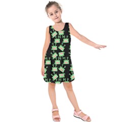 Green Alien Monster Pattern Black Kids  Sleeveless Dress by snowwhitegirl