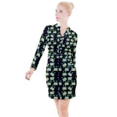 Green Alien Monster Pattern Black Button Long Sleeve Dress