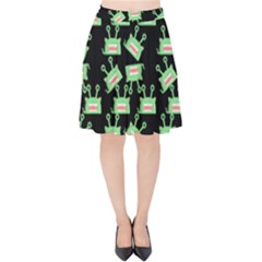 Green Alien Monster Pattern Black Velvet High Waist Skirt by snowwhitegirl