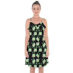 Green Alien Monster Pattern Black Ruffle Detail Chiffon Dress by snowwhitegirl