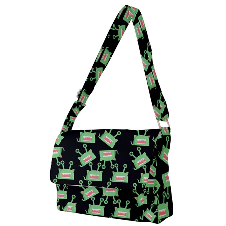 Green Alien Monster Pattern Black Full Print Messenger Bag