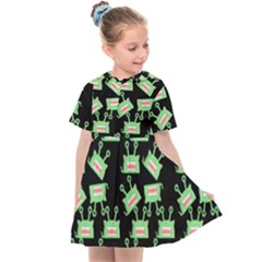 Green Alien Monster Pattern Black Kids  Sailor Dress