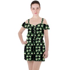 Green Alien Monster Pattern Black Ruffle Cut Out Chiffon Playsuit by snowwhitegirl