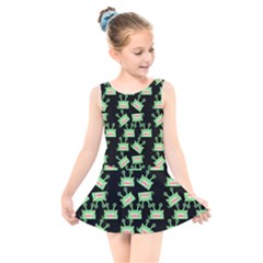 Green Alien Monster Pattern Black Kids  Skater Dress Swimsuit