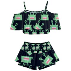 Green Alien Monster Pattern Black Kids  Off Shoulder Skirt Bikini