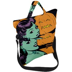 Zombie Retro Girl Black Fold Over Handle Tote Bag by snowwhitegirl