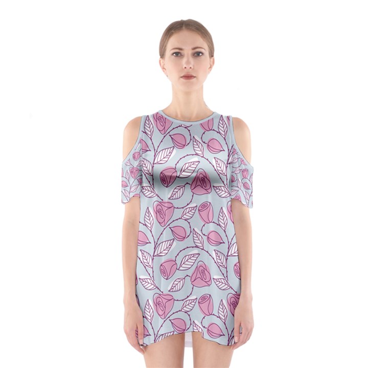 Pink Roses Pattern Shoulder Cutout One Piece Dress