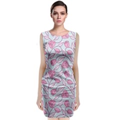 Pink Roses Pattern Sleeveless Velvet Midi Dress