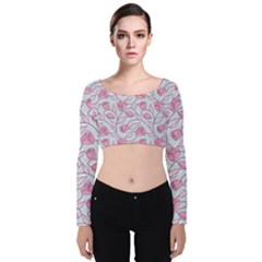 Pink Roses Pattern Velvet Long Sleeve Crop Top