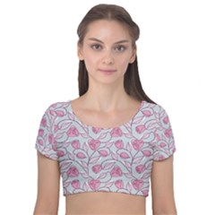 Pink Roses Pattern Velvet Short Sleeve Crop Top 