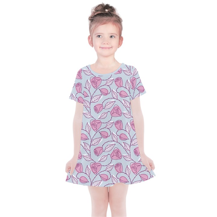 Pink Roses Pattern Kids  Simple Cotton Dress