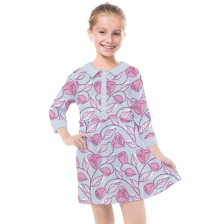 Pink Roses Pattern Kids  Quarter Sleeve Shirt Dress