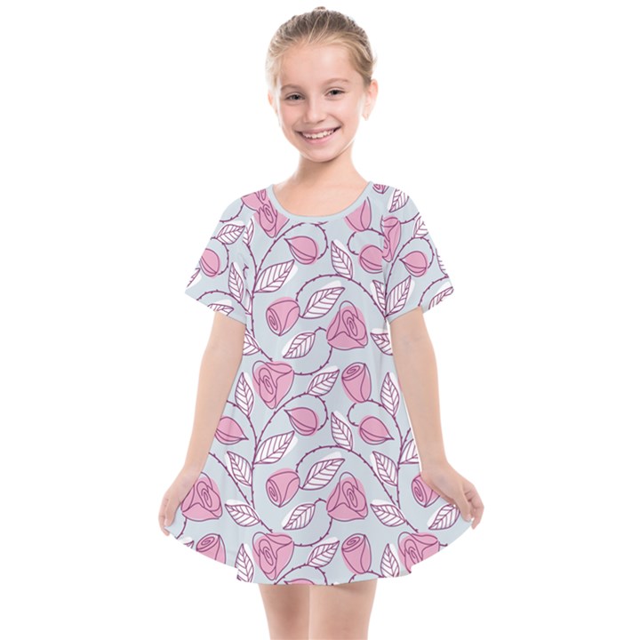 Pink Roses Pattern Kids  Smock Dress