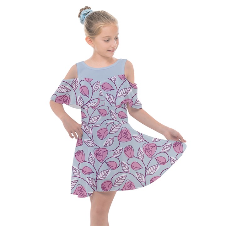 Pink Roses Pattern Kids  Shoulder Cutout Chiffon Dress